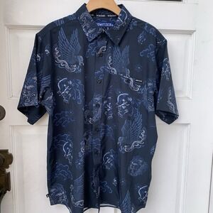 HOWITZER Mens Short Sleeve Button Up Shirt All Over Print Eagle Dragon Design M